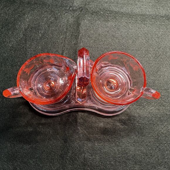 Pink Depression Glass Sugar Bowl and Creamer Set With Caddy Etched Flowers - Picture 10 of 12